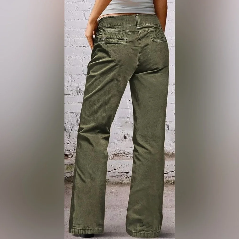 Flamingals Solid Seam Front Mid Rise Straight Leg Jeans Olive Green Small NWT - Picture 3 of 8